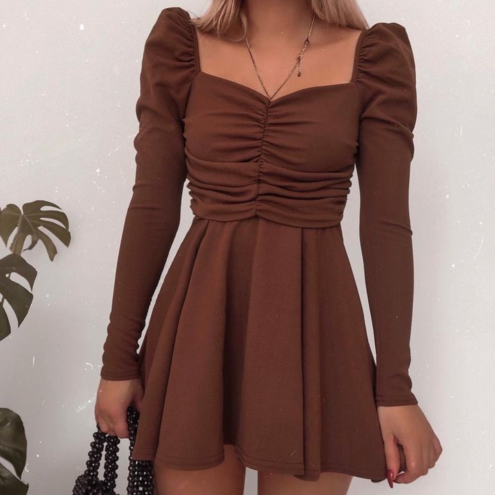 Mustard Dress, Puffed Sleeves & Scrunched Bodice
